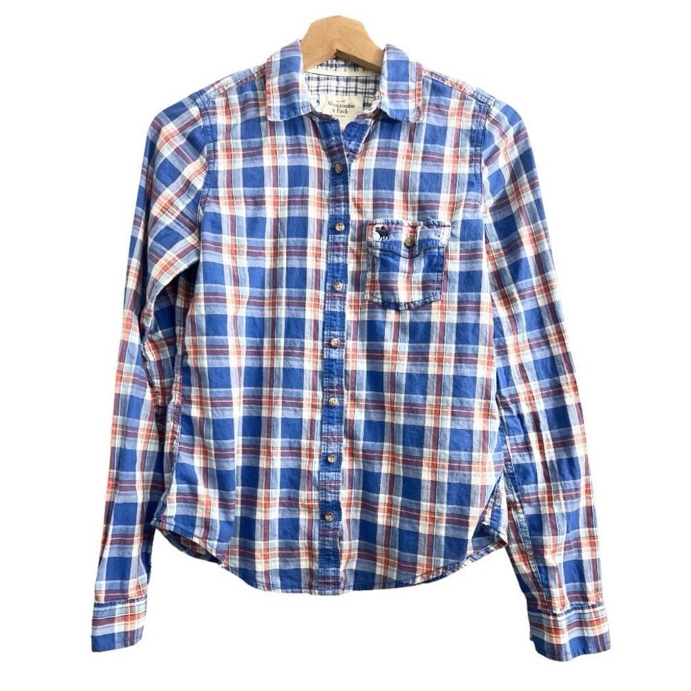 Abercrombie & Fitch SMALL Blue Plaid Relaxed Fit Button Up Shirt Long Sleeve